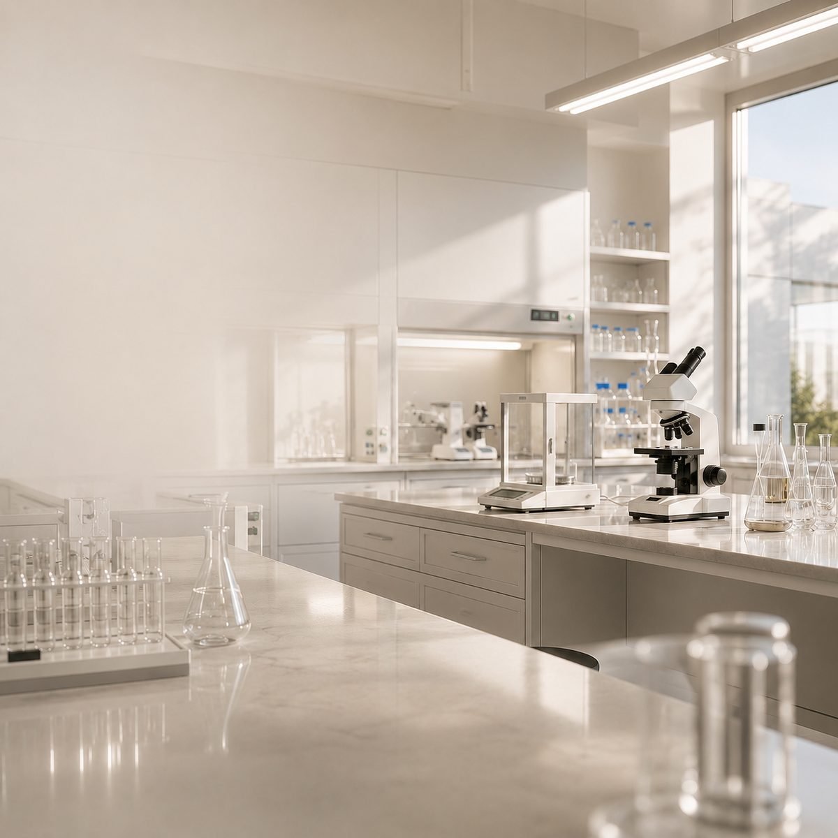 Laboratory bench with analytical glassware and a microscope