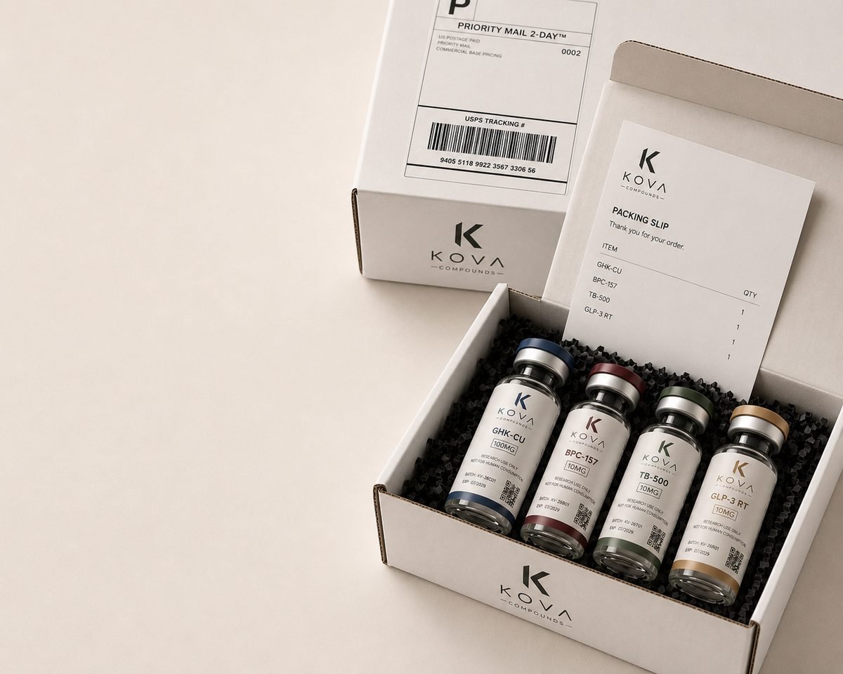 KOVA shipping box containing four labelled vials and batch paperwork
